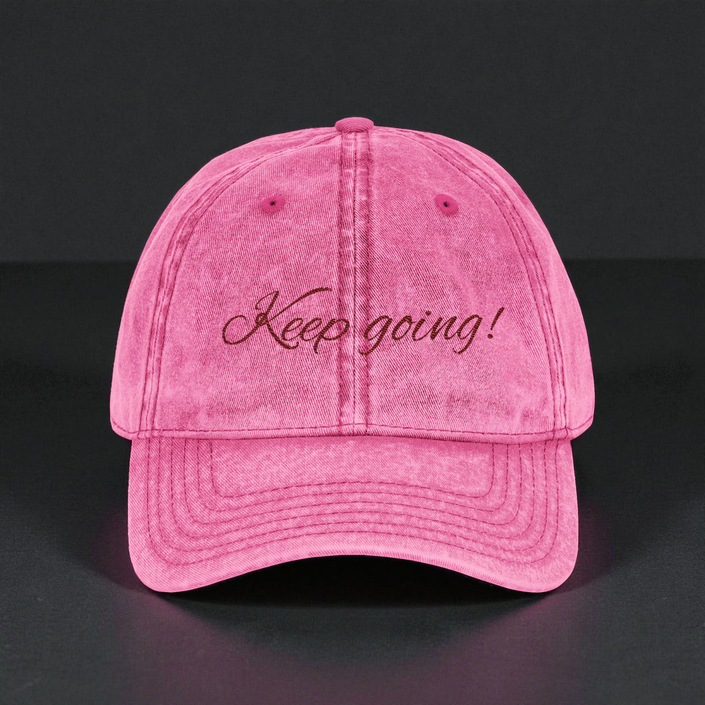 Keep Going Embroidered Vintage Cap — Distressed Pink Motivational Hat