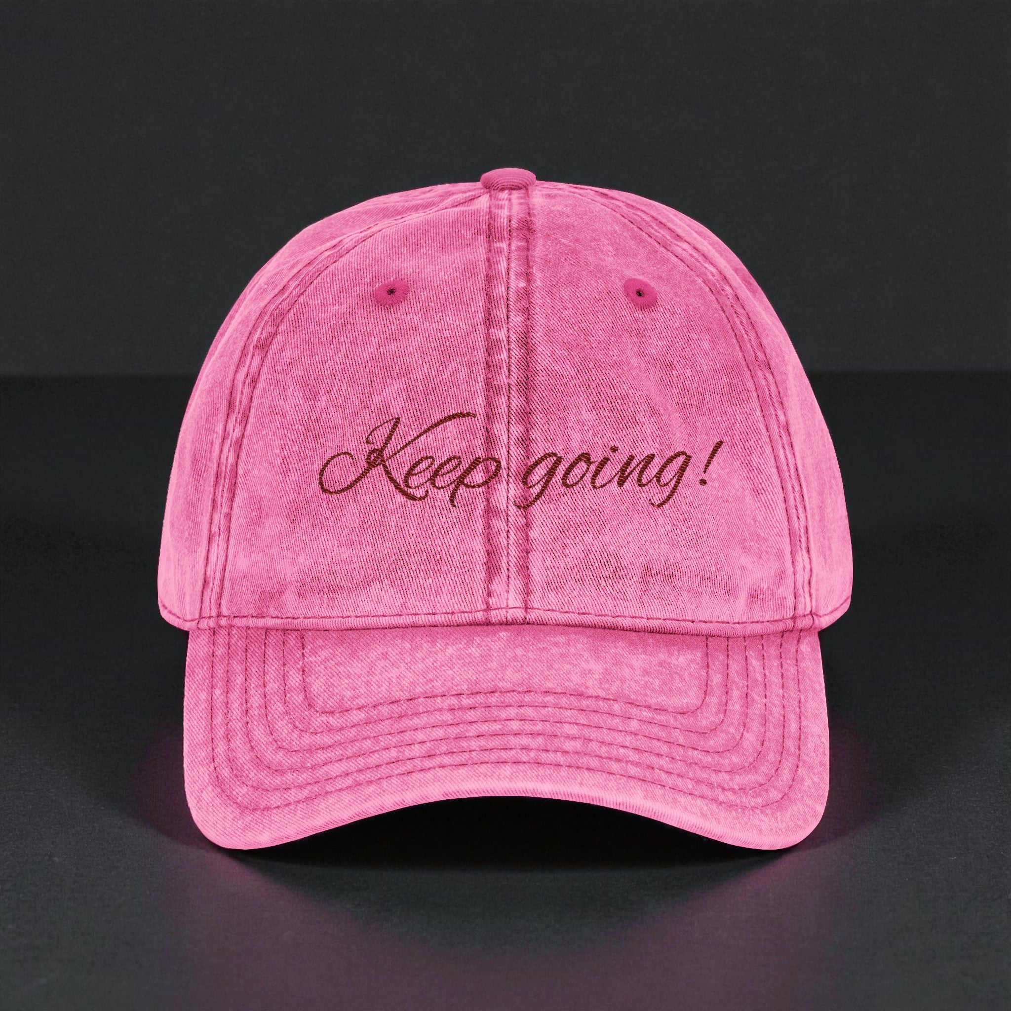 Keep Going Embroidered Vintage Cap — Distressed Pink Motivational Hat