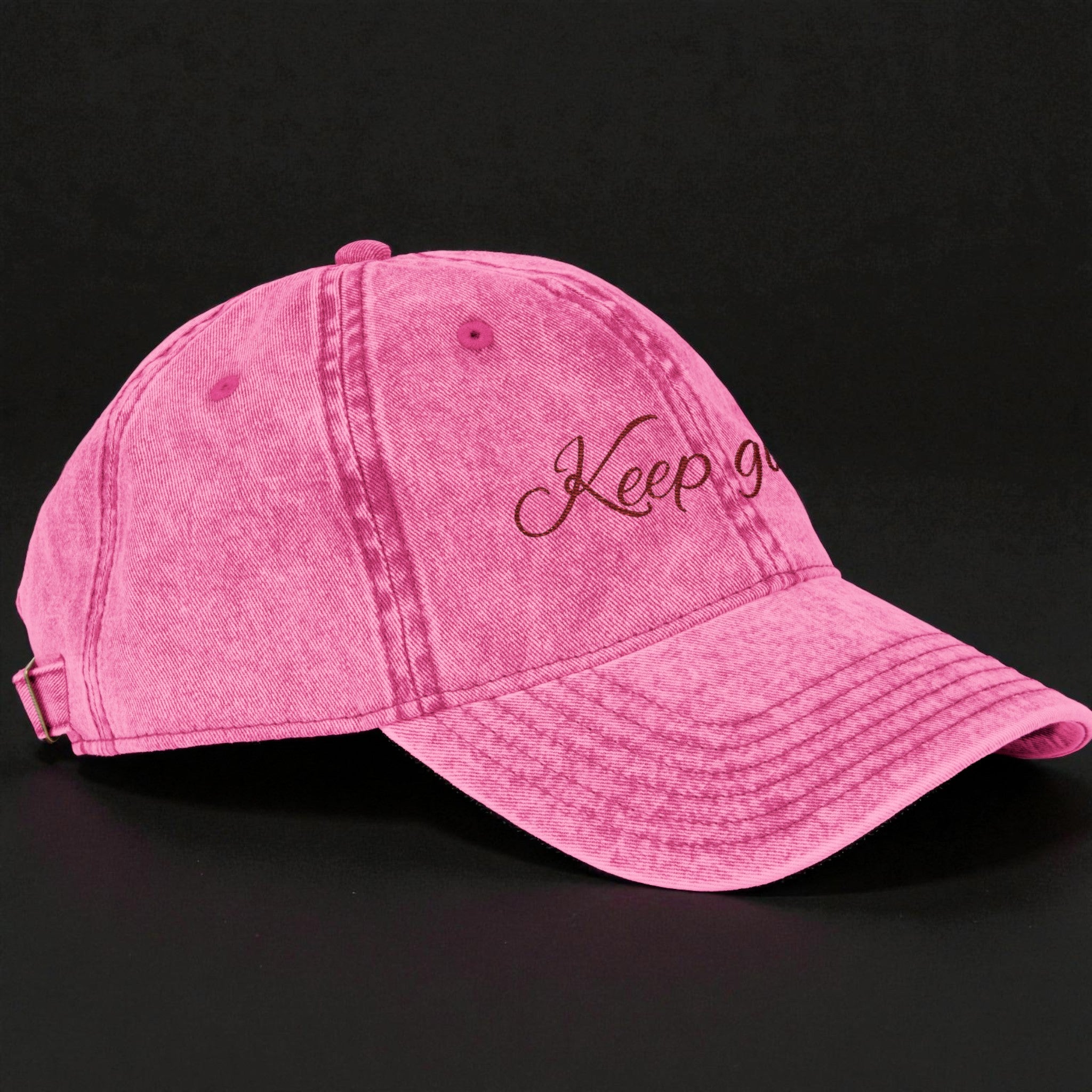 Keep Going Embroidered Vintage Cap — Distressed Pink Motivational Hat
