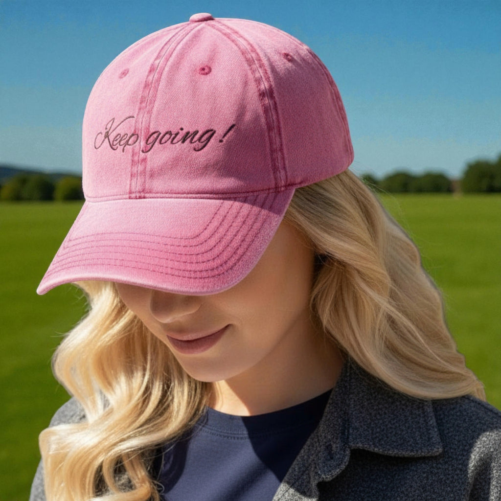 Keep Going Embroidered Vintage Cap — Distressed Pink Motivational Hat