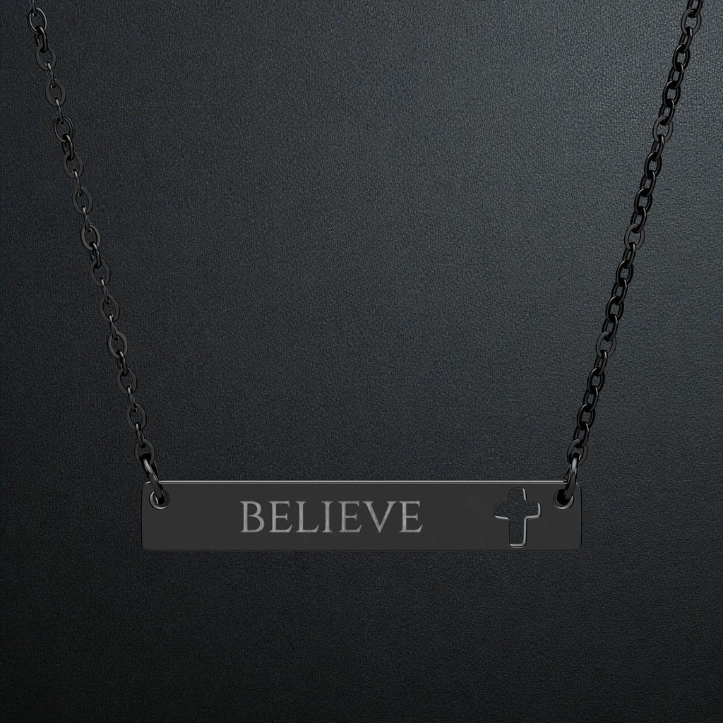 Believe Cutout Cross Bar Necklace — Engraved Faith Pendant