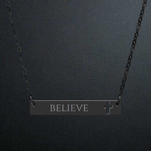 Believe Cutout Cross Bar Necklace — Engraved Faith Pendant