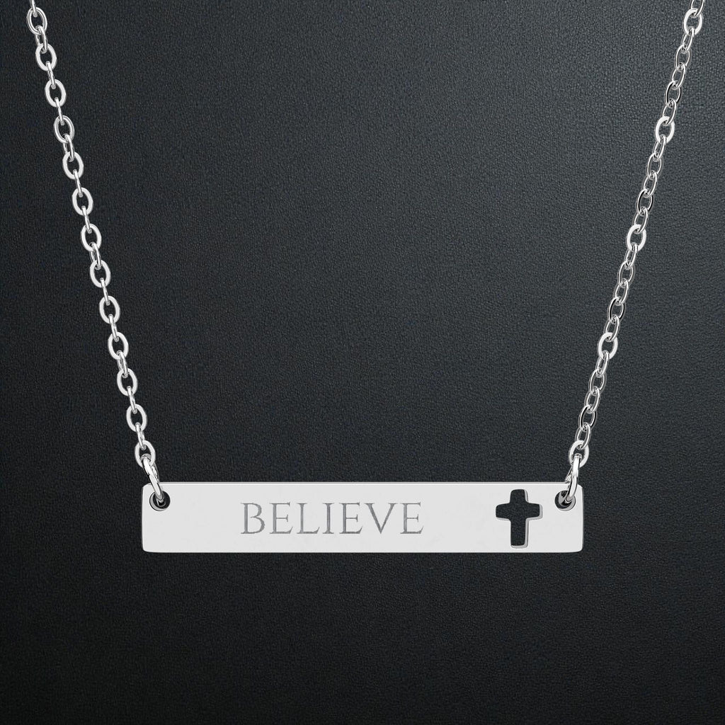 Believe Cutout Cross Bar Necklace — Engraved Faith Pendant