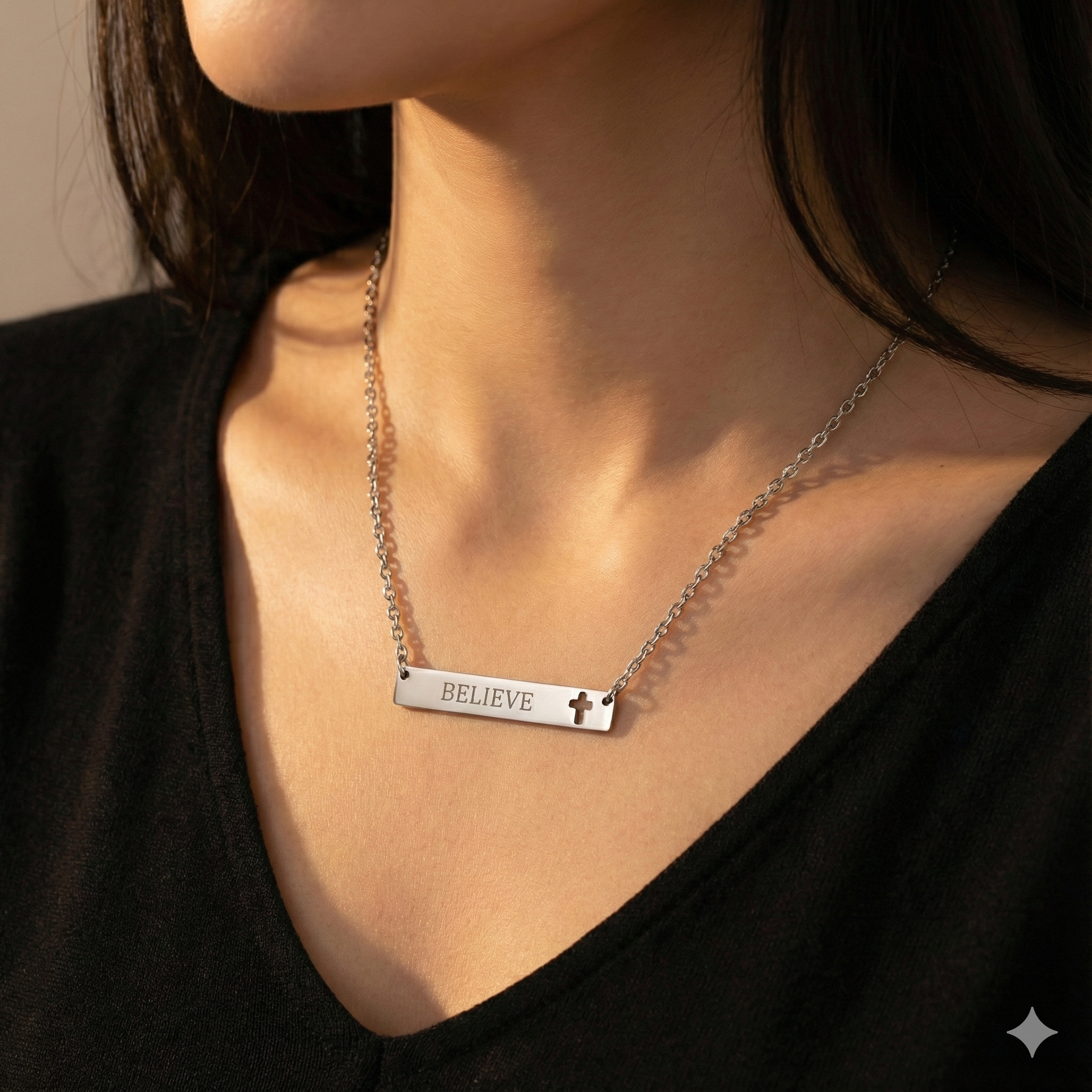 Believe Cutout Cross Bar Necklace — Engraved Faith Pendant