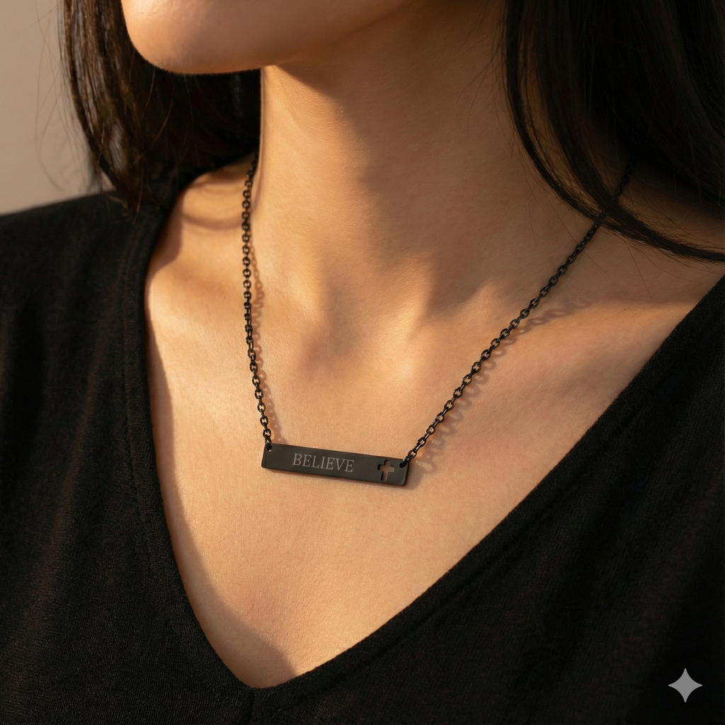 Believe Cutout Cross Bar Necklace — Engraved Faith Pendant