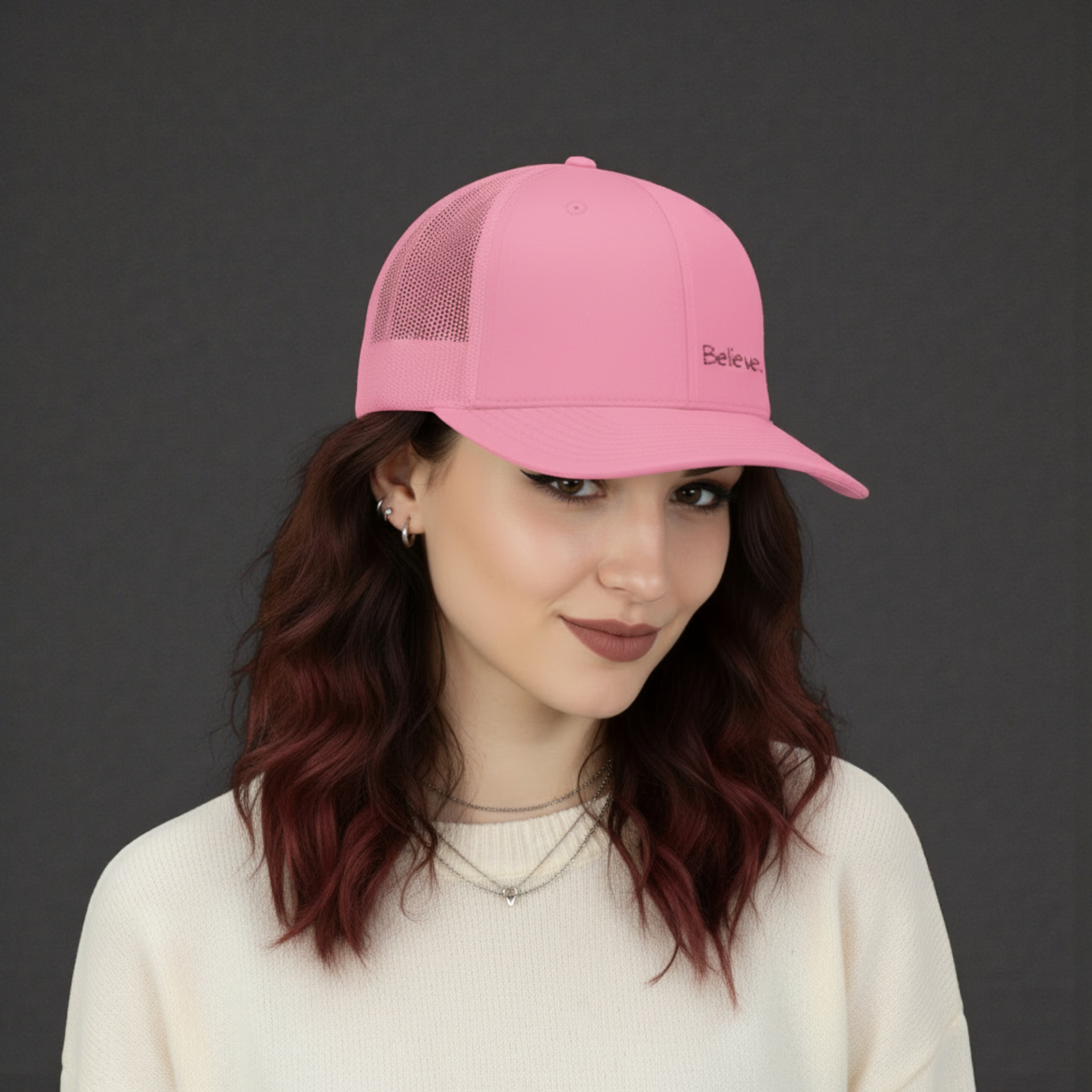 Believe... embroidered Snapback Cap | Minimalist script, white trucker hat
