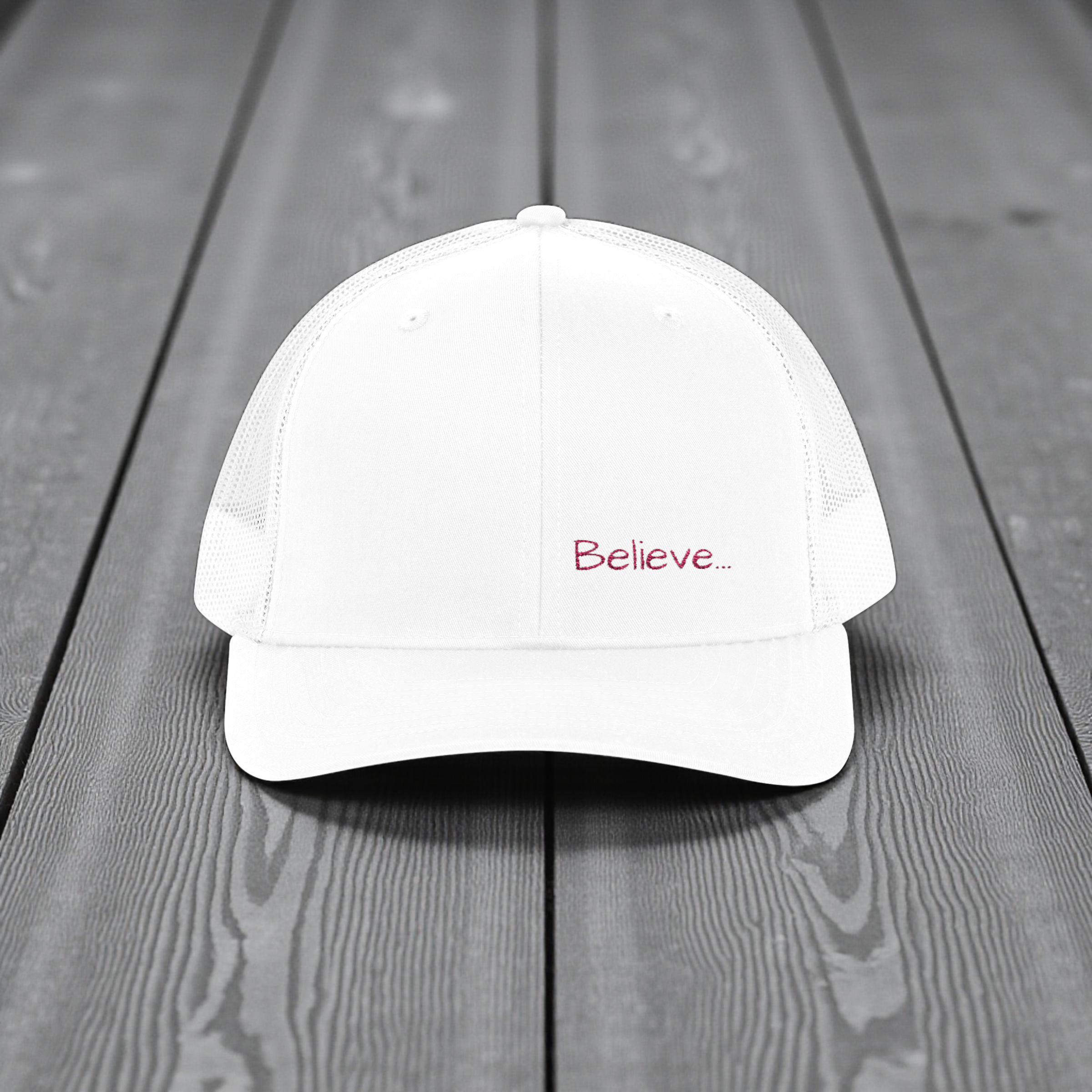 Believe... embroidered Snapback Cap | Minimalist script, white trucker hat