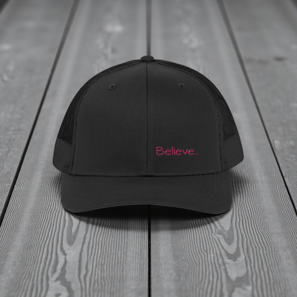 Believe... embroidered Snapback Cap | Minimalist script, white trucker hat