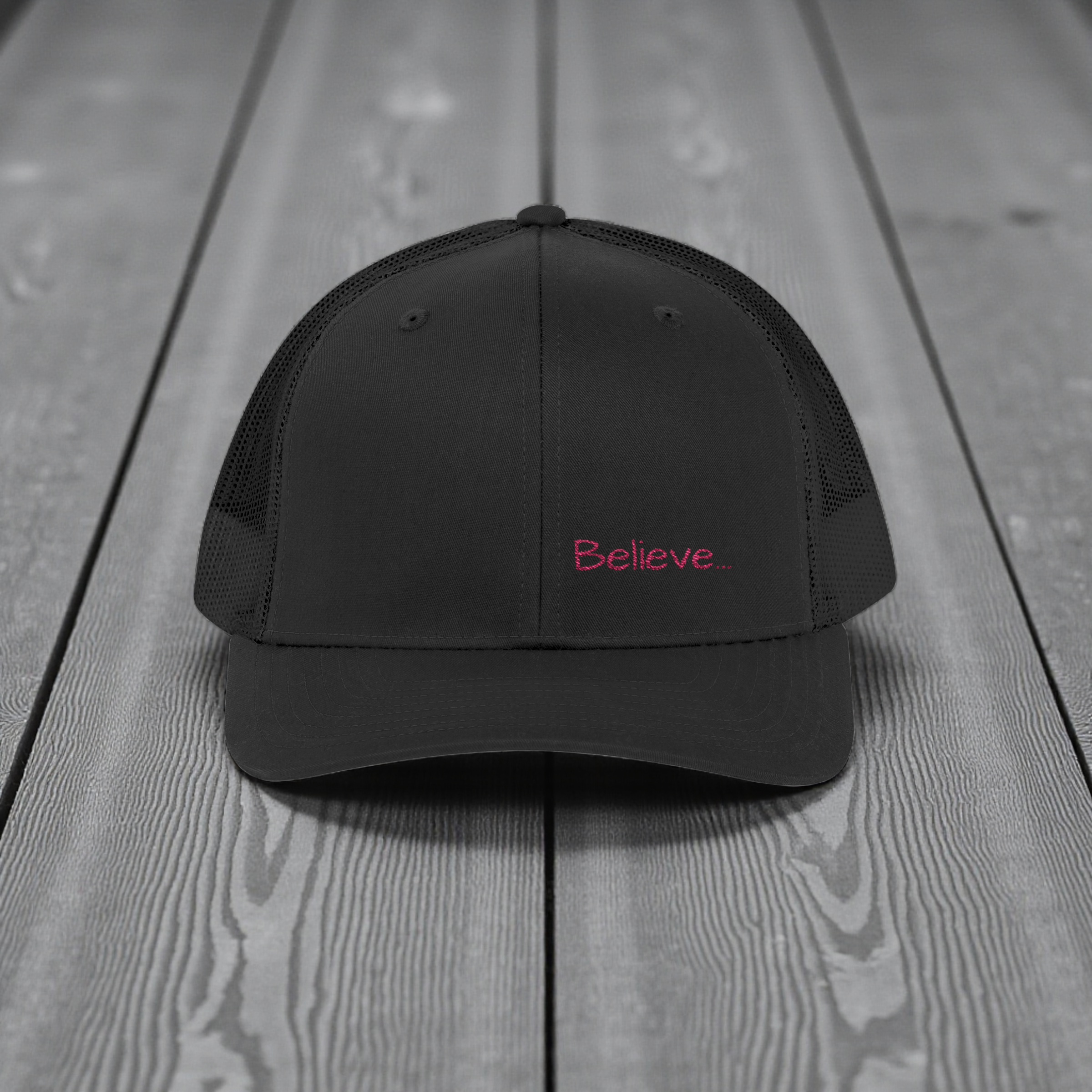 Believe... embroidered Snapback Cap | Minimalist script, white trucker hat