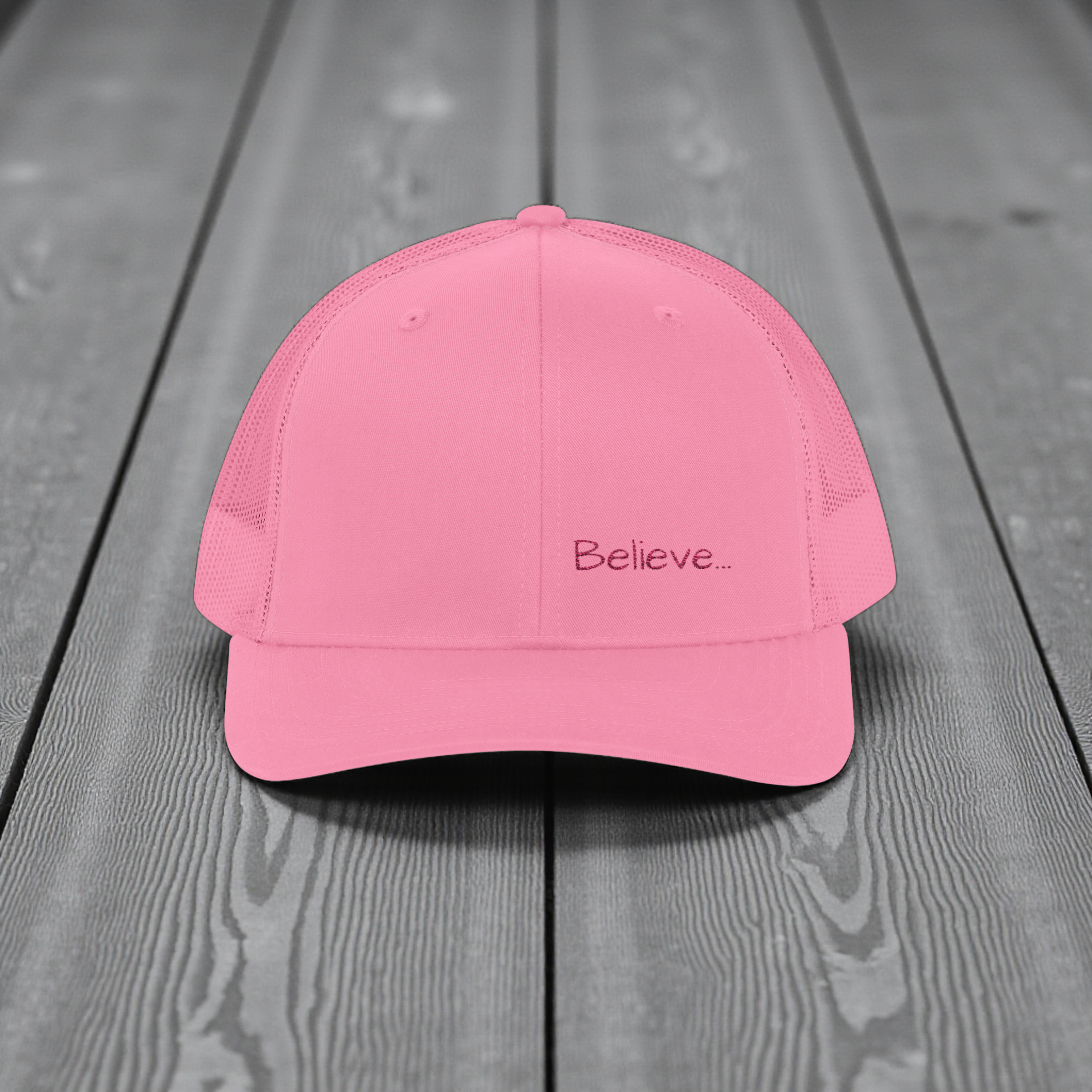 Believe... embroidered Snapback Cap | Minimalist script, white trucker hat