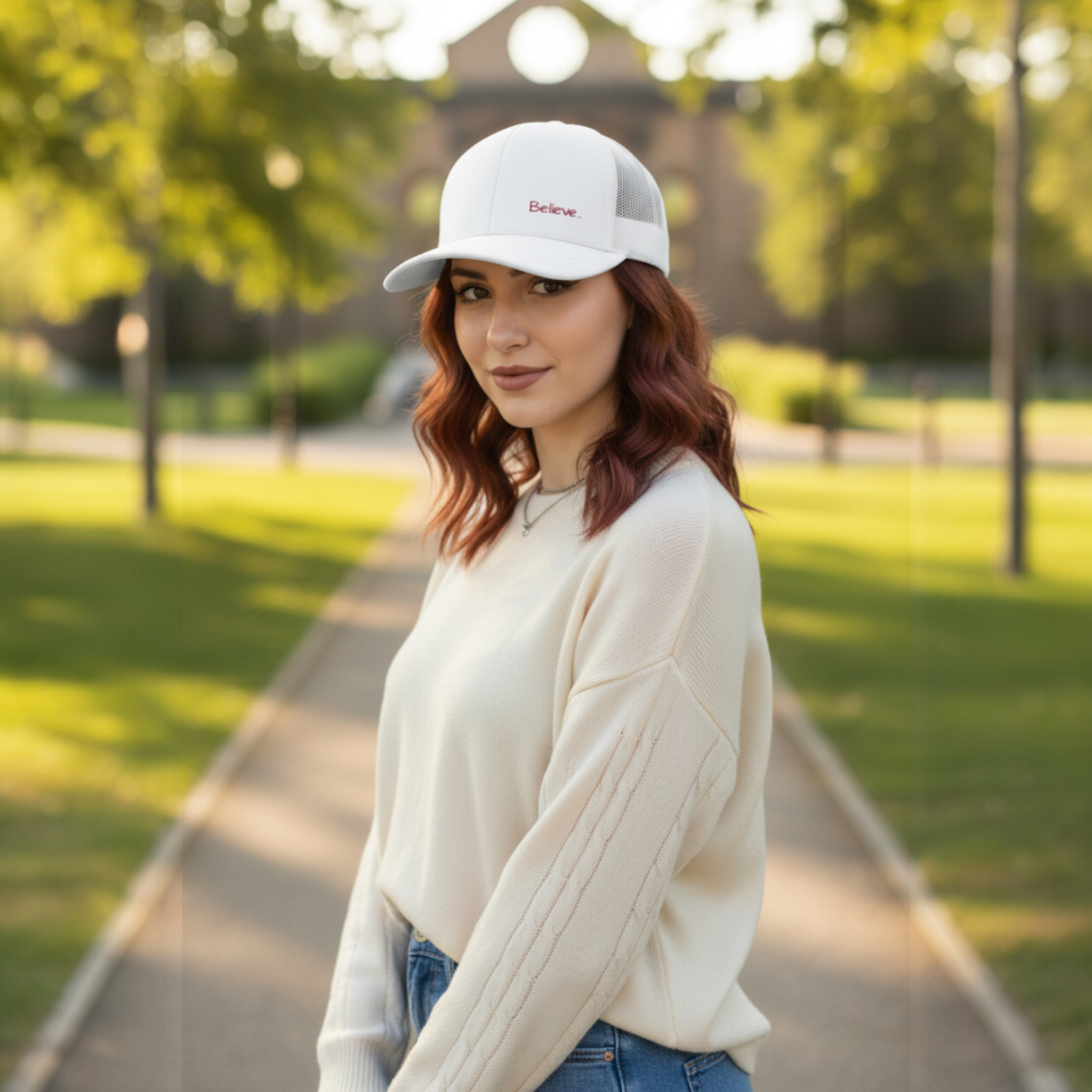 Believe... embroidered Snapback Cap | Minimalist script, white trucker hat