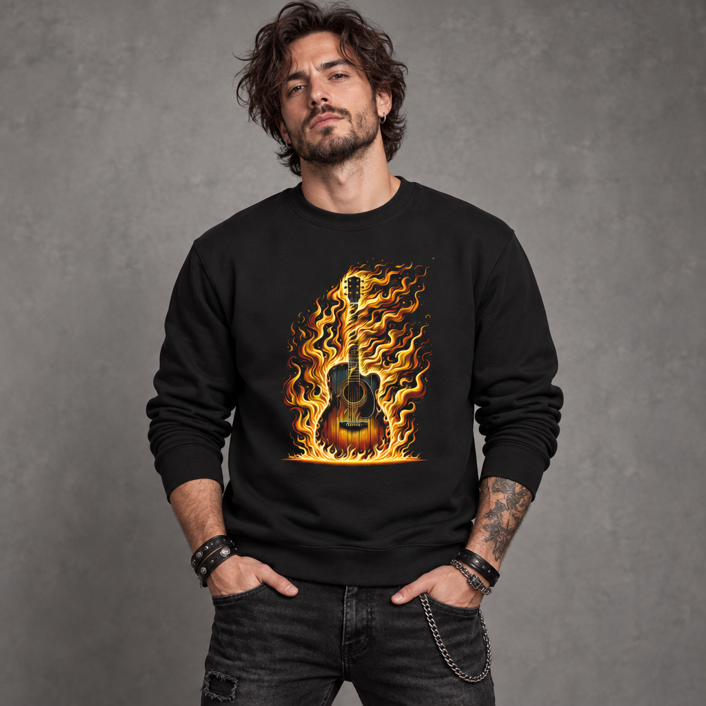 Flaming Guitar Crewneck Sweatshirt | Fire-Graphic Music Lover Pullover