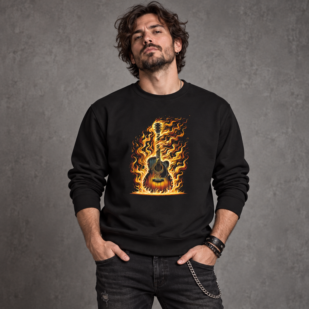 Flaming Guitar Crewneck Sweatshirt | Fire-Graphic Music Lover Pullover