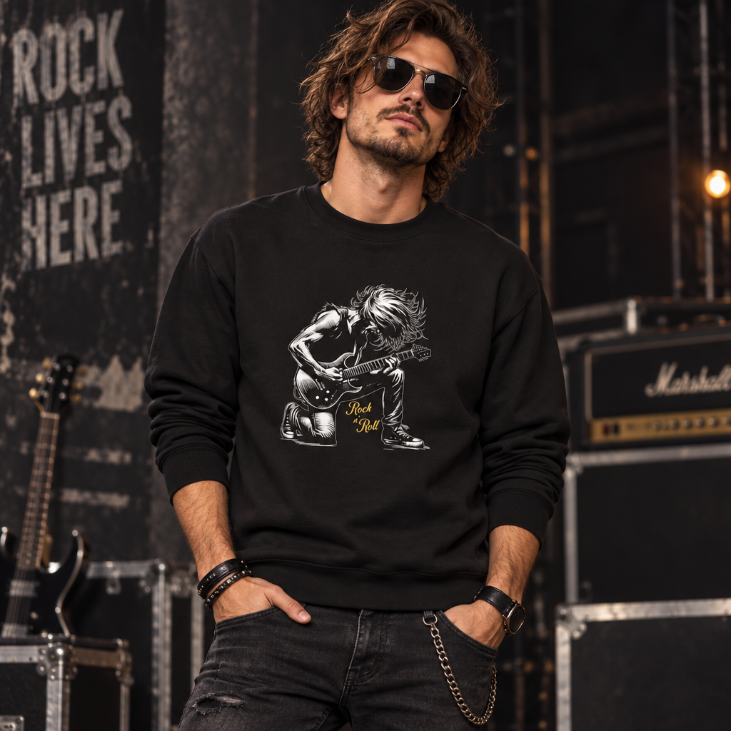 Rock Guitarist Crewneck Sweatshirt | Vintage Kneeling Guitar Player Design