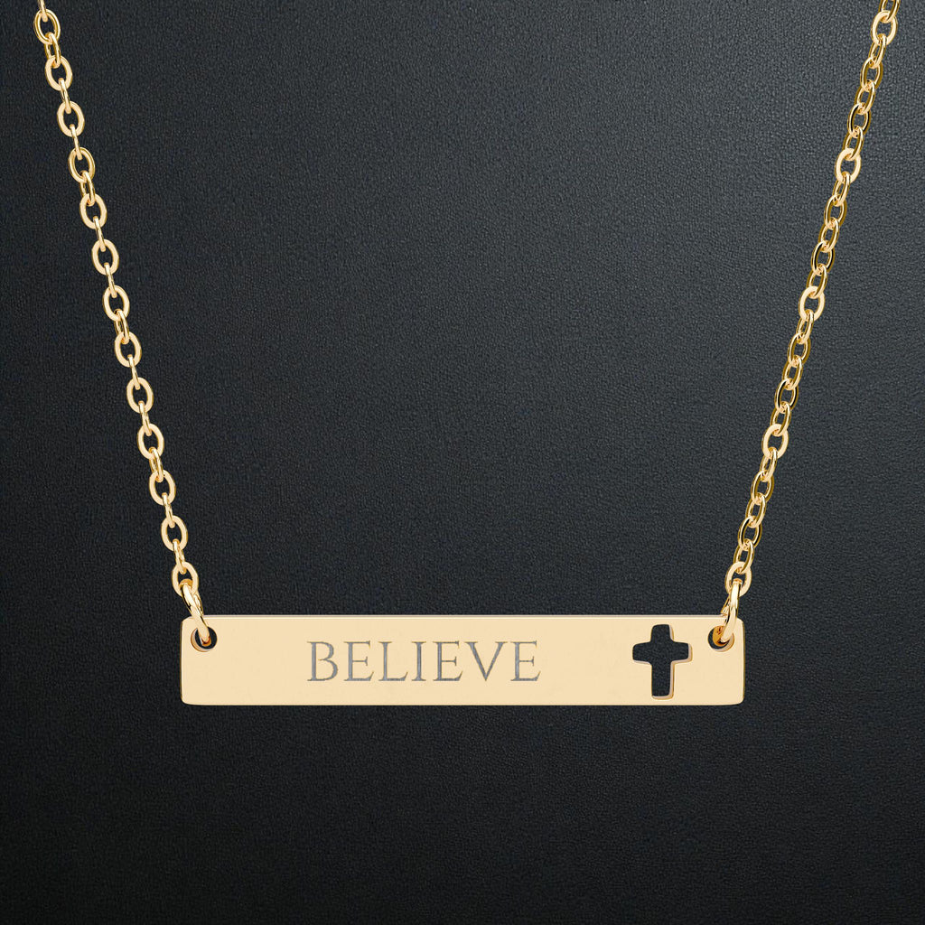 Believe Cutout Cross Bar Necklace — Engraved Faith Pendant