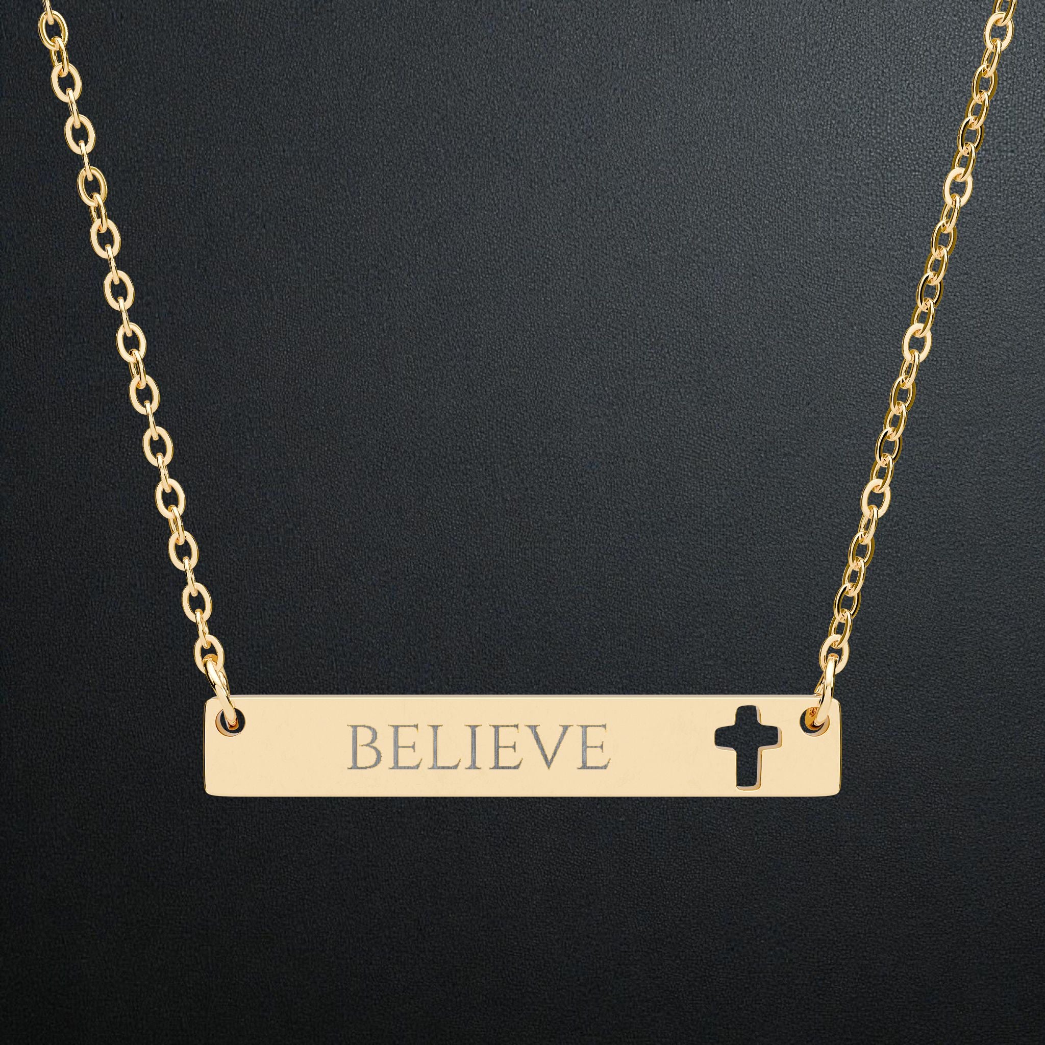 Believe Cutout Cross Bar Necklace — Engraved Faith Pendant