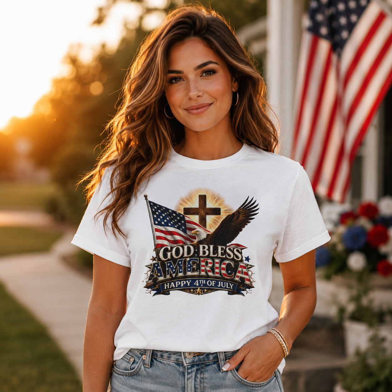 God Bless America T-Shirt | Patriotic Eagle & Cross Fourth of July Tee