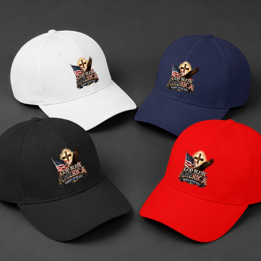 God Bless America Low Profile Baseball Cap | Patriotic Cross, Flag & Eagle Hat