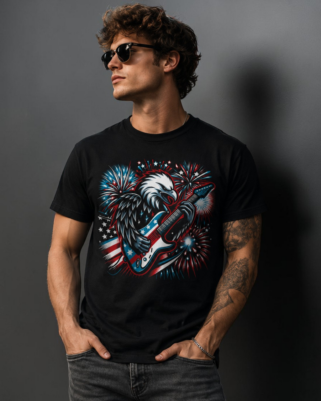 Patriotic Eagle Guitar Tee Independence Day 4th of July