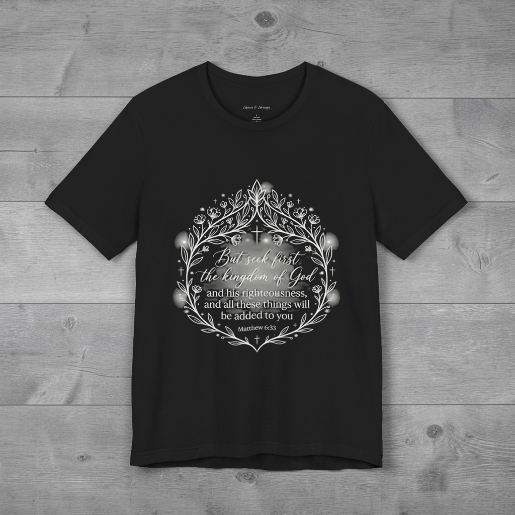 Seek first the kingdom of God T-Shirt | Scripture floral wreath tee
