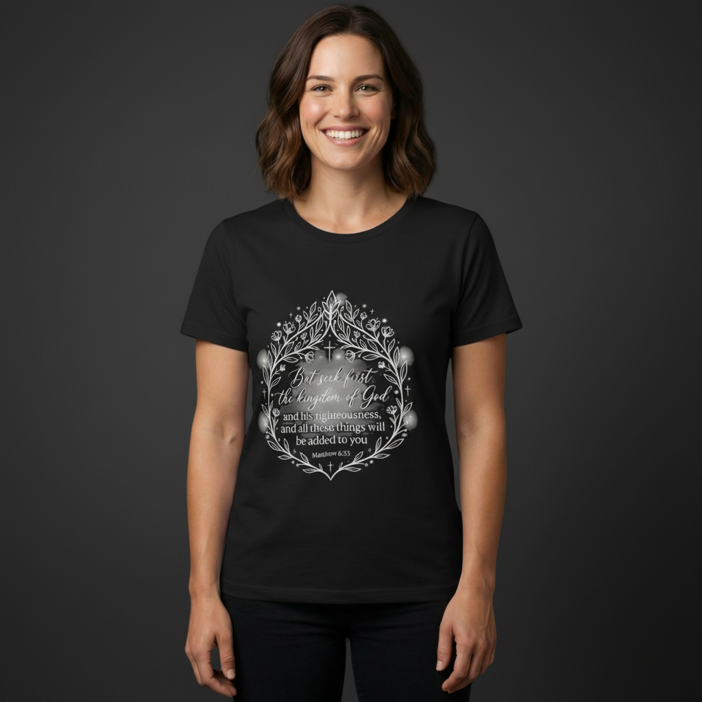 Seek first the kingdom of God T-Shirt | Scripture floral wreath tee