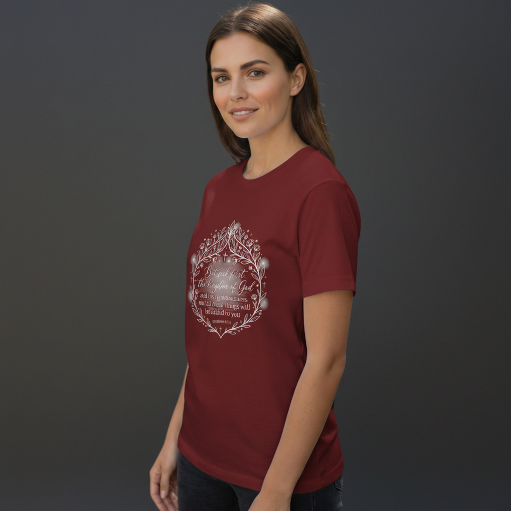 Seek first the kingdom of God T-Shirt | Scripture floral wreath tee