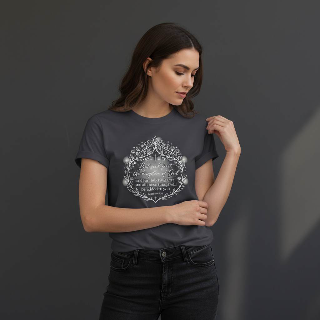 Seek first the kingdom of God T-Shirt | Scripture floral wreath tee