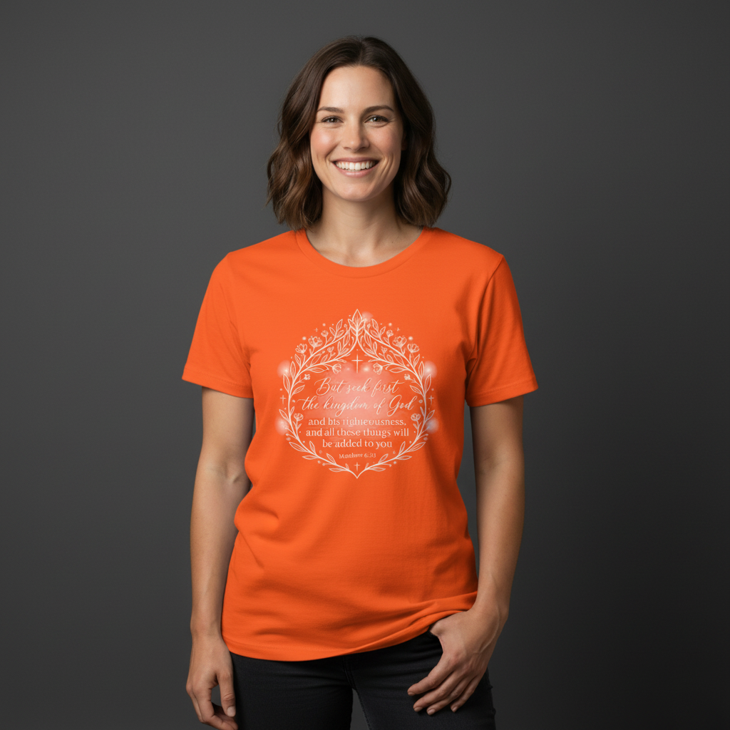 Seek first the kingdom of God T-Shirt | Scripture floral wreath tee