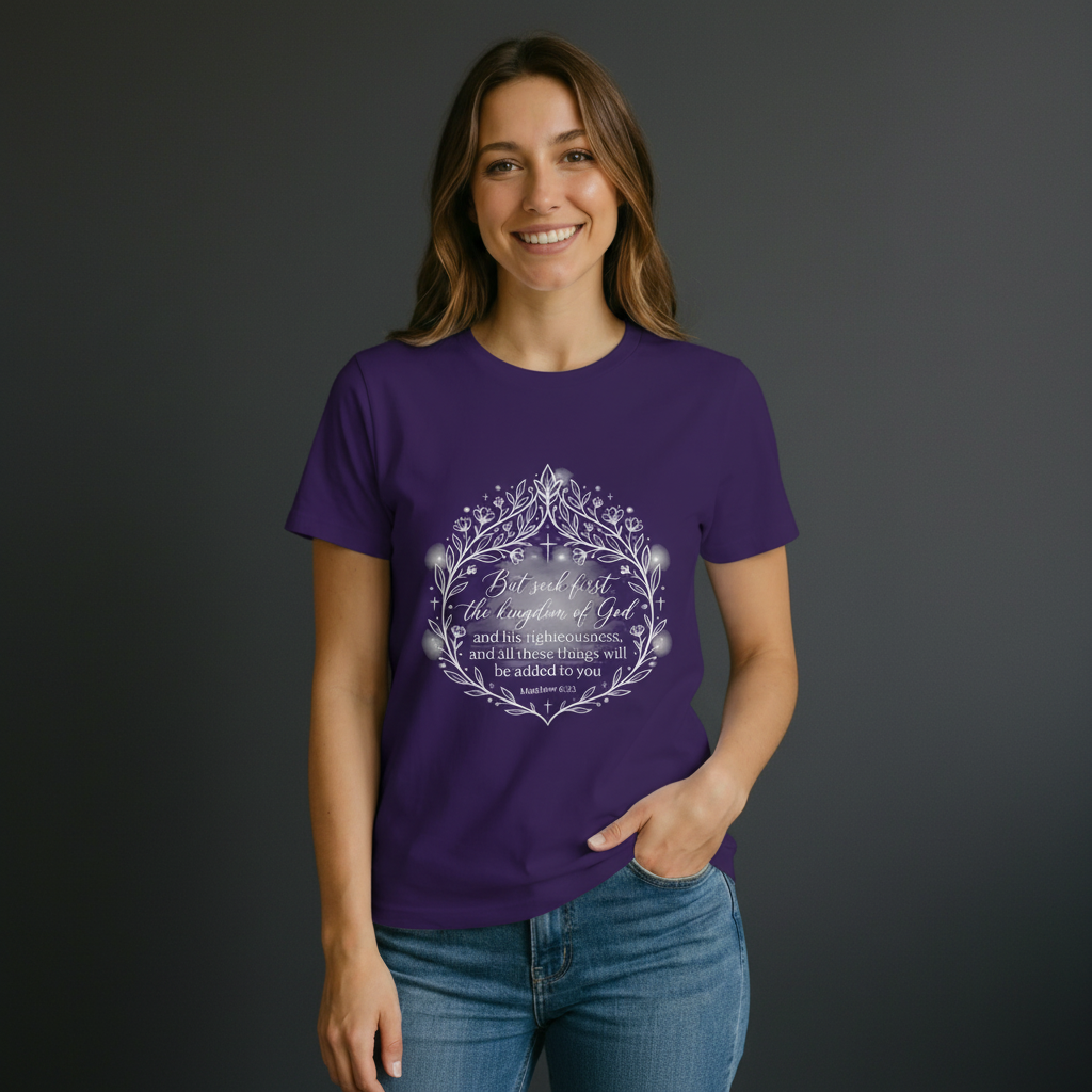 Seek first the kingdom of God T-Shirt | Scripture floral wreath tee