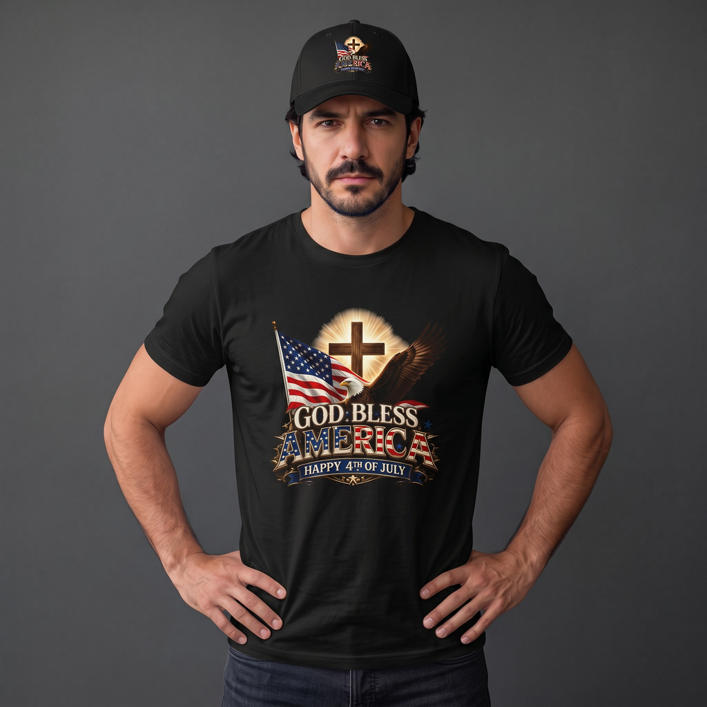 God Bless America Low Profile Baseball Cap | Patriotic Cross, Flag & Eagle Hat