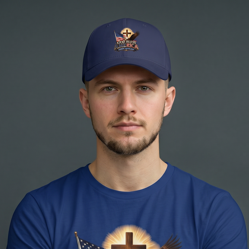 God Bless America Low Profile Baseball Cap | Patriotic Cross, Flag & Eagle Hat