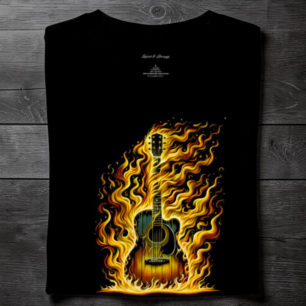 Flaming Guitar T‑Shirt — Fiery Acoustic Music Tee