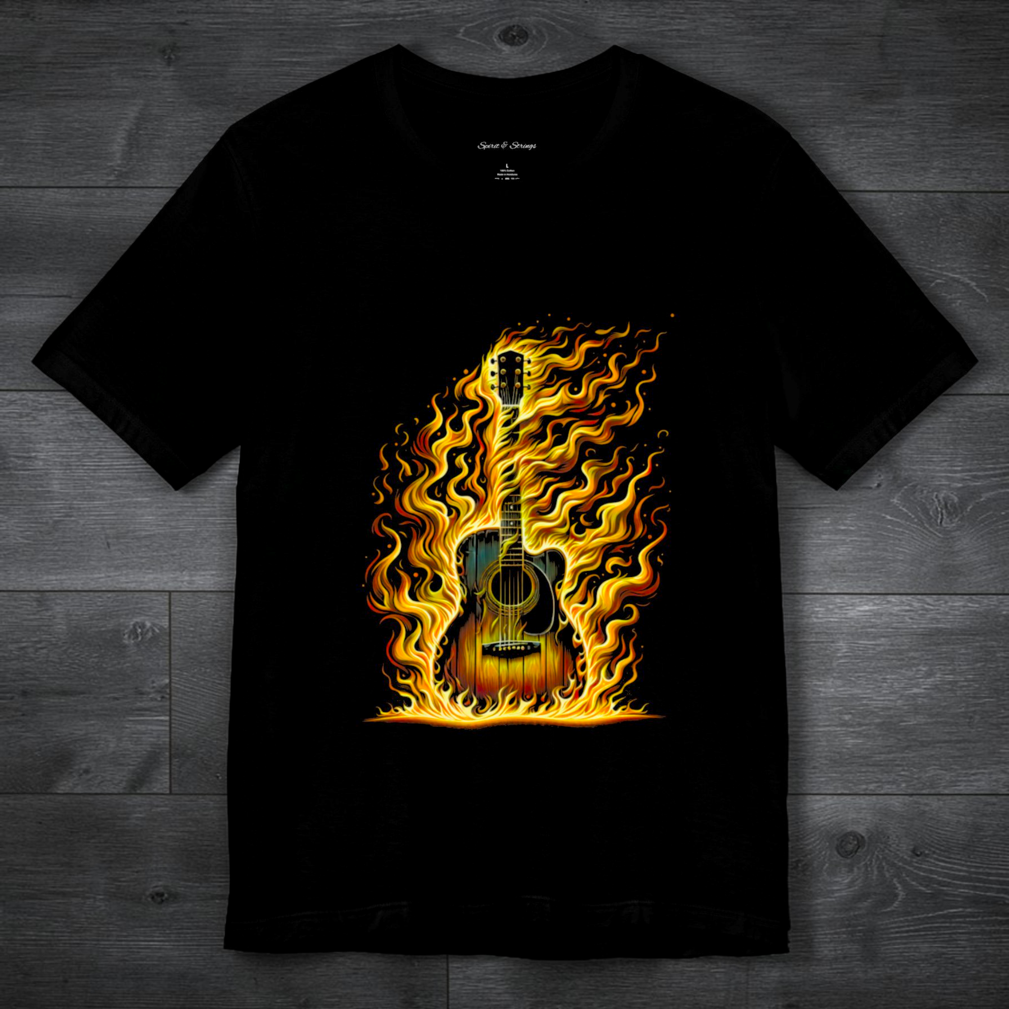 Flaming Guitar T‑Shirt — Fiery Acoustic Music Tee