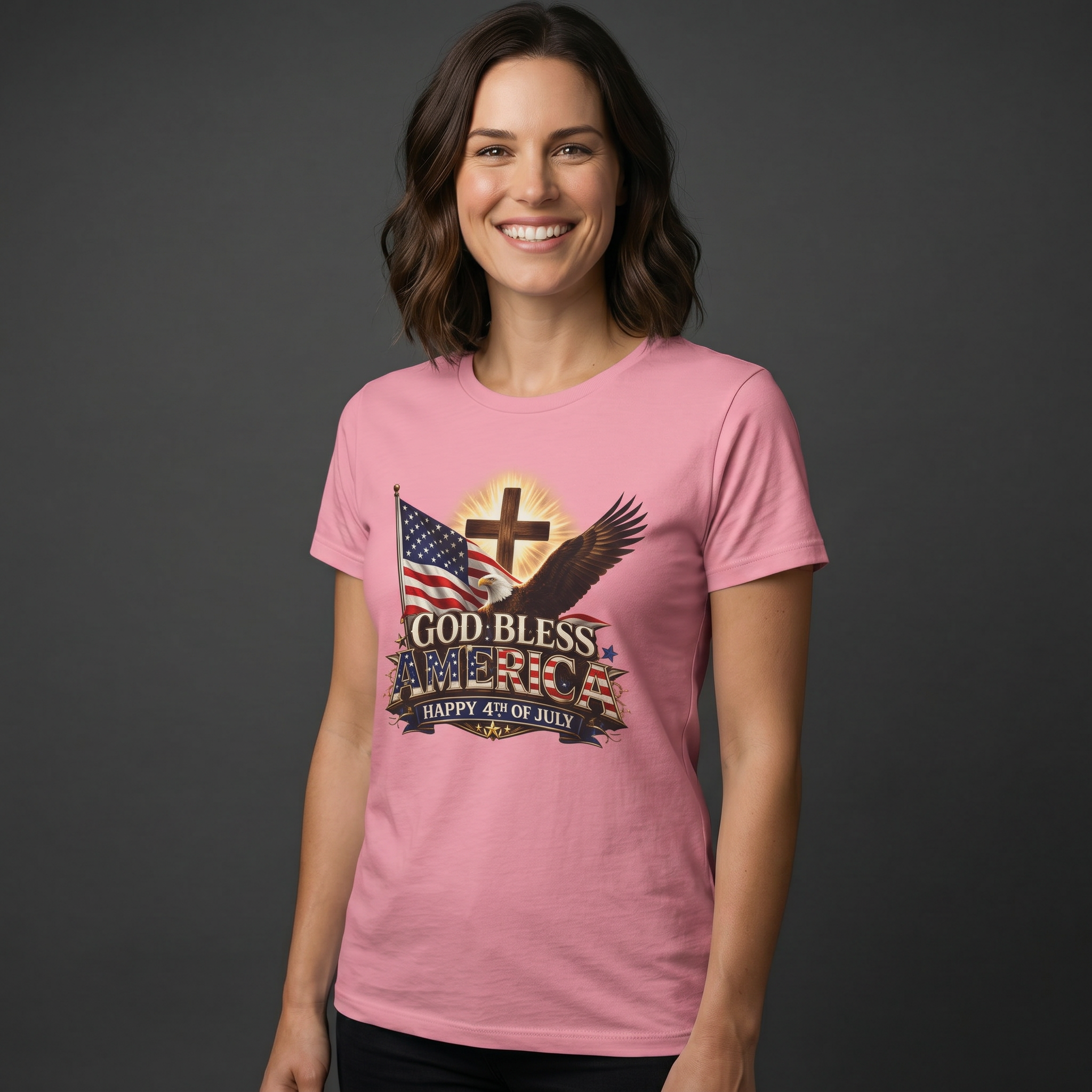 God Bless America T-Shirt | Patriotic Eagle & Cross Fourth of July Tee