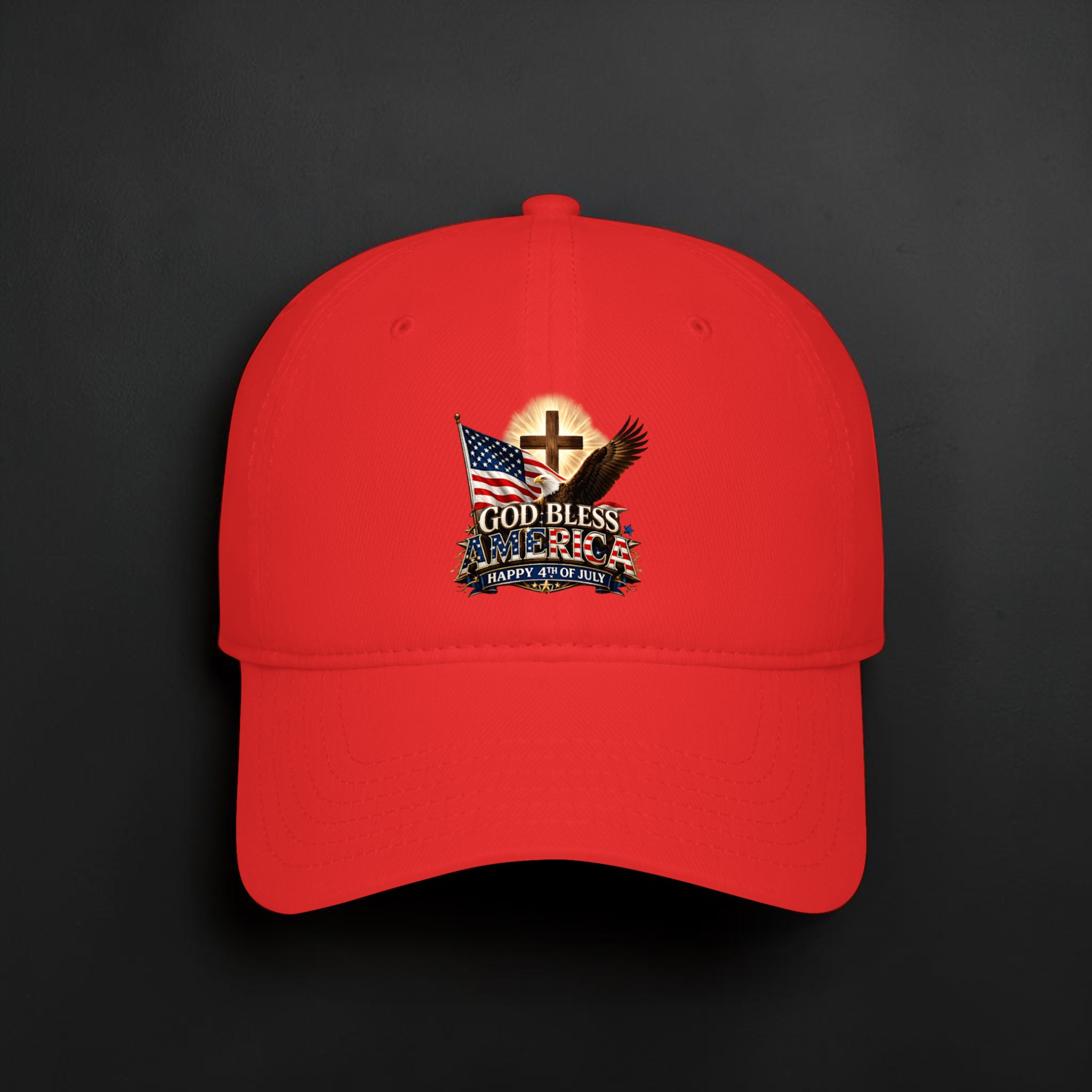 God Bless America Low Profile Baseball Cap | Patriotic Cross, Flag & Eagle Hat