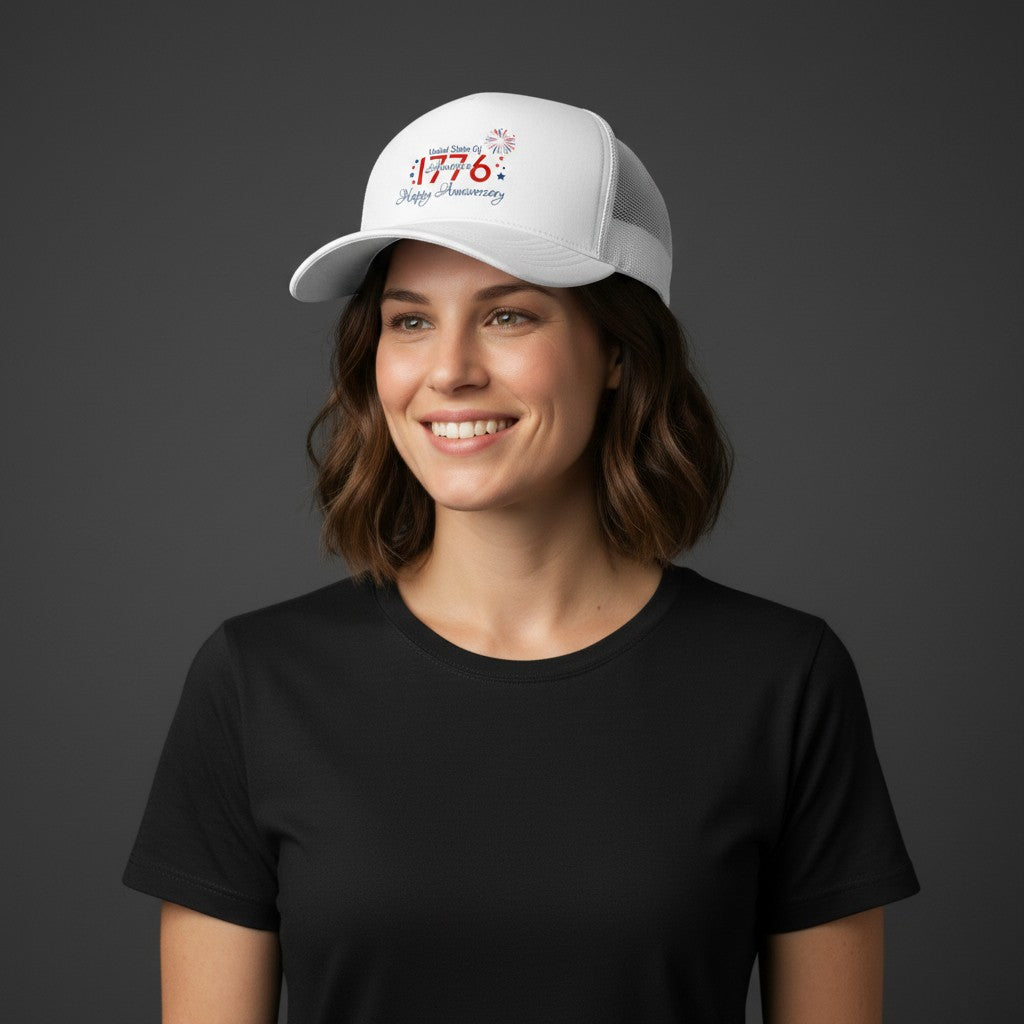 4th of July Hat - "Happy Anniversary" Retro USA Mesh Cap