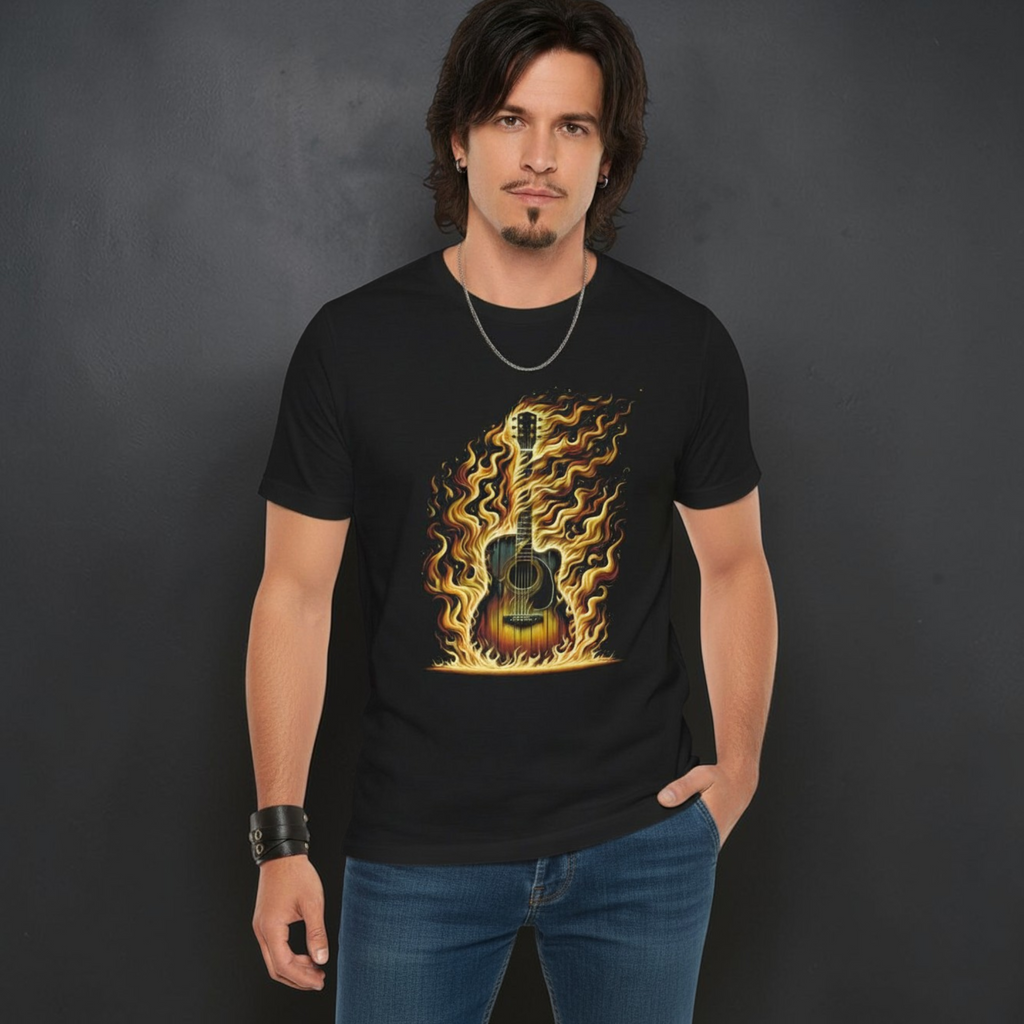 Flaming Guitar T‑Shirt — Fiery Acoustic Music Tee