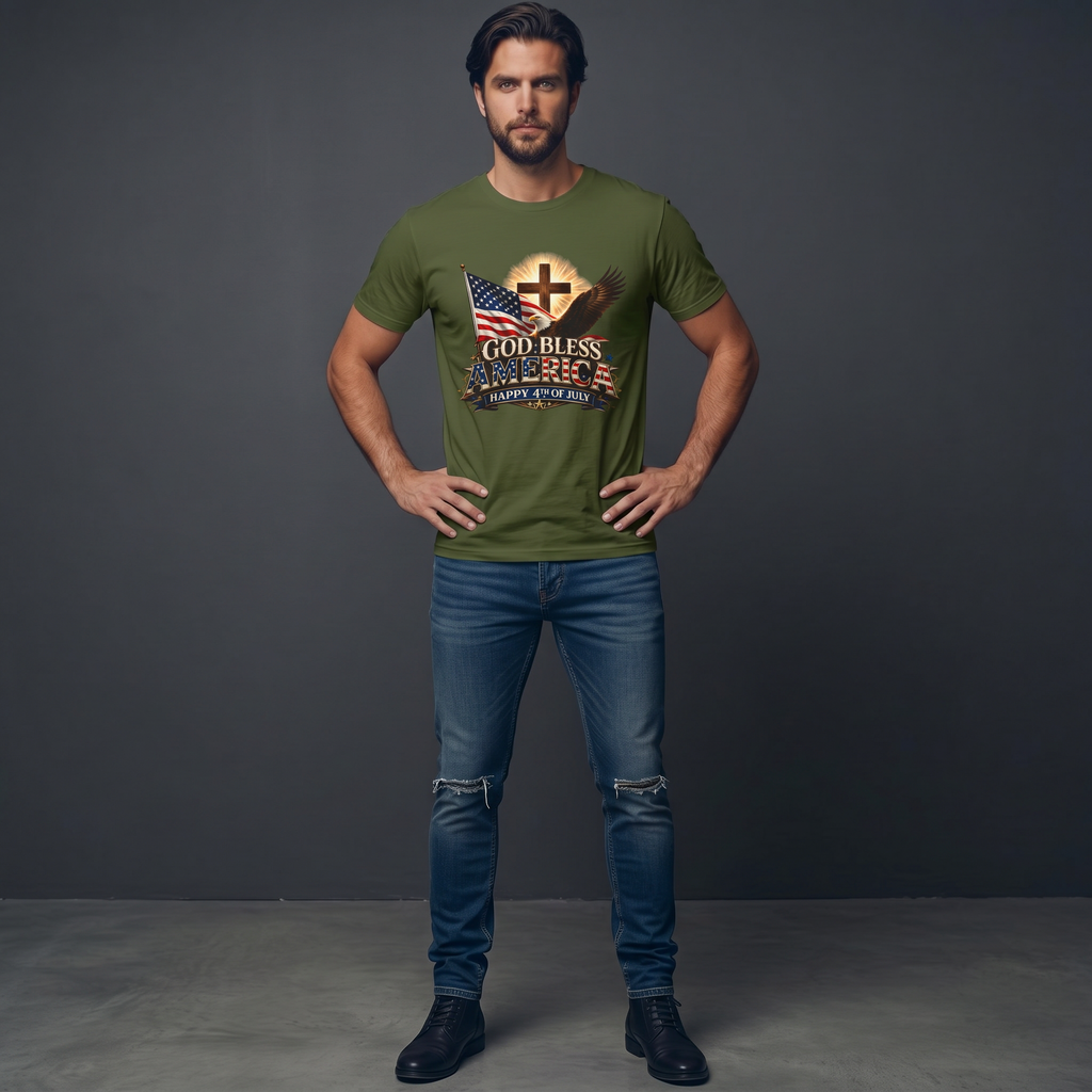 God Bless America T-Shirt | Patriotic Eagle & Cross Fourth of July Tee