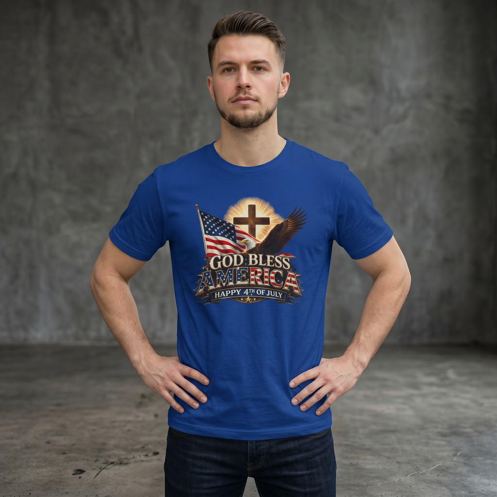 God Bless America T-Shirt | Patriotic Eagle & Cross Fourth of July Tee