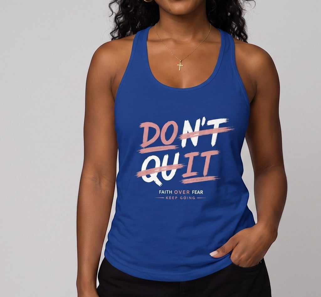 Spirit & Strings blue racerback tank top with Don't Quit Do It graphic print worn by a smiling woman