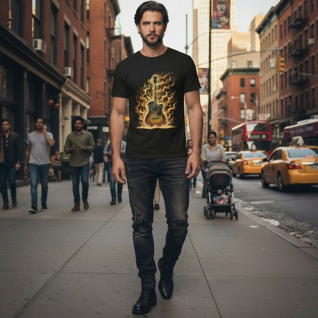Flaming Guitar T‑Shirt — Fiery Acoustic Music Tee
