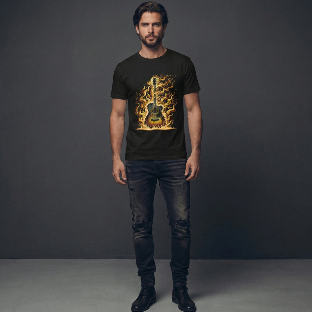 Flaming Guitar T‑Shirt — Fiery Acoustic Music Tee